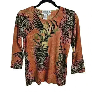 Joseph A. Y2K 3/4 Sleeve Top Womens S Orange Animal Print